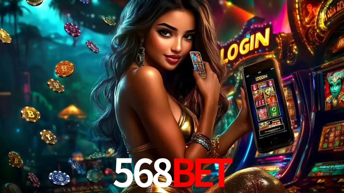 Mulher em um cenário de cassino temático de aventura, mostrando o app de caça-níqueis da 568bet no celular. Fichas de apostas flutuam ao redor.