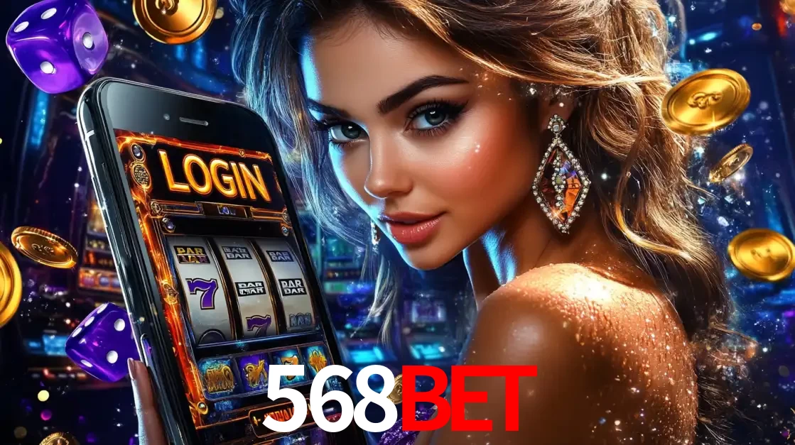 Mulher glamorosa segurando um smartphone com a tela de login para os jogos de caça-níqueis do cassino online 568bet, com moedas de ouro e dados ao redor.