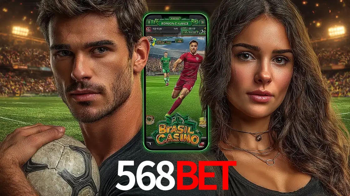 Homem segurando uma bola de futebol e uma mulher ao lado de um smartphone exibindo o jogo de apostas esportivas da 568bet. Faça seu palpite no cassino online.